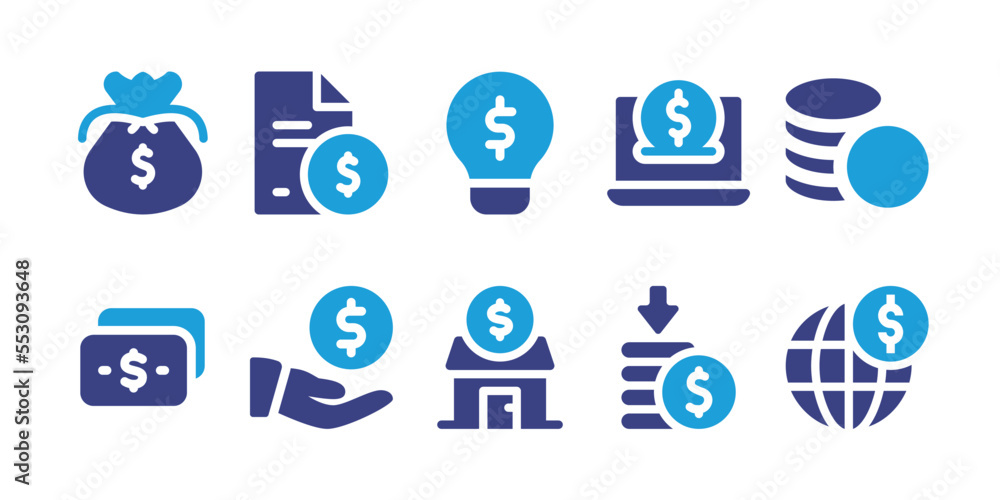 Money icon set. Vector illustration. Containing internet banking, money bag, contract, money, profit, loss, dollar, share, home, investment