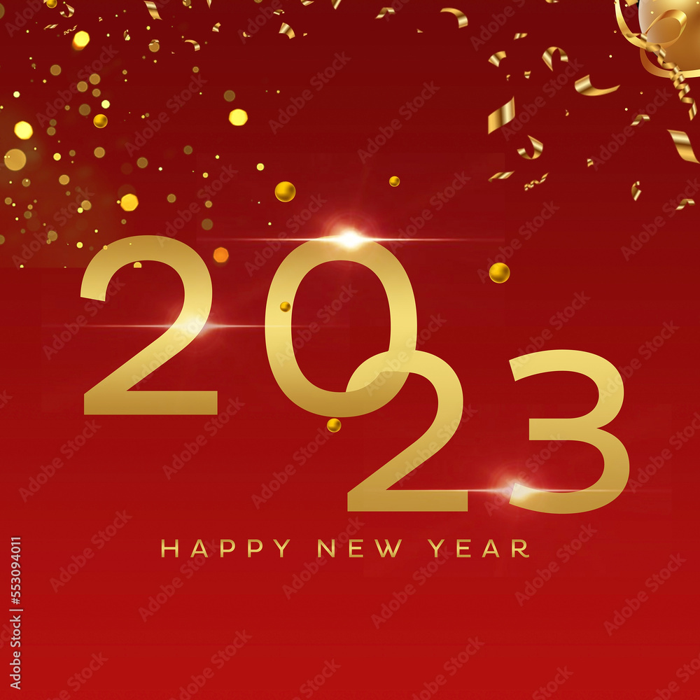 Happy New Year 2023 greeting banner. Trendy modern design with 2023 typography, overlay elements
