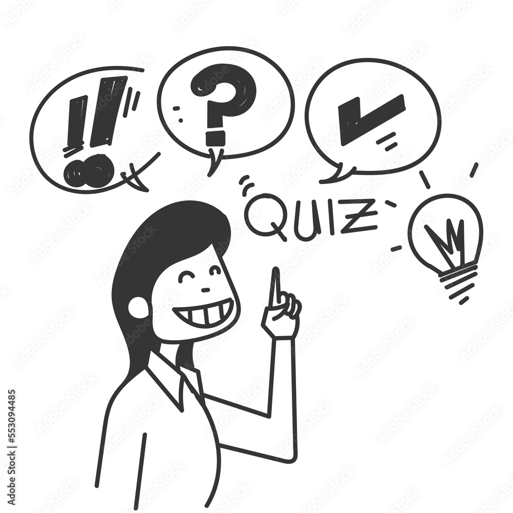 hand drawn doodle person showing Quiz logo in comic style illustration hand drawn doodle person showing Quiz logo in comic style illustration