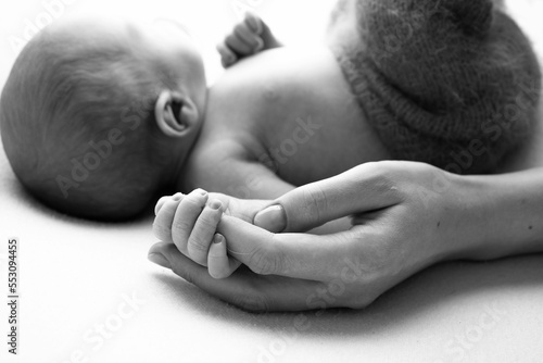 Close-up little hand of child and palm of mother and father. The newborn baby has a firm grip on the parent's finger after birth. A newborn holds on to mom's, dad's finger. Black and white photo.