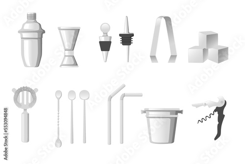 Set of barman tools for mixing and crafting cocktails vector illustration isolated on white background