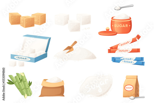 Set of sugar in different states cubes sand cane vector illustration isolated on white background