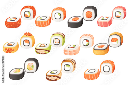 Set of maki sushi rolls with different ingredients vector illustration isolated on white background