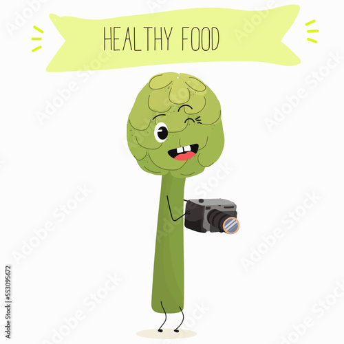 Illustration with funny artichoke character. Funny and healthy food. Vitamins contained in the artichoke. Food with a cute face. Vector cartoon.