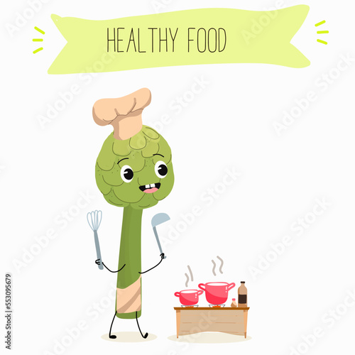 Illustration with funny artichoke character. Funny and healthy food. Vitamins contained in the artichoke. Food with a cute face. Vector cartoon.