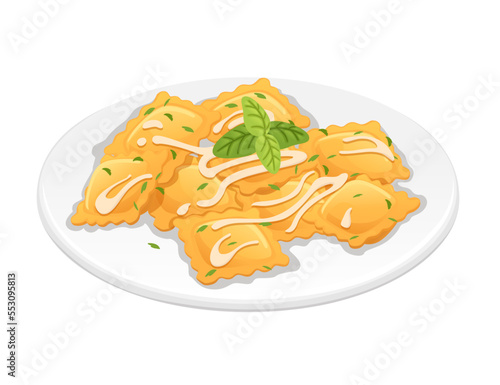 Ready for eat dish italian pasta ravioli cuisine staples with sauce and herbs vector illustration on white background