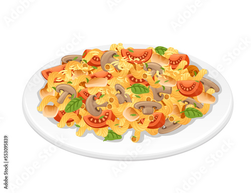 Ready for eat dish italian pasta cavatappi cuisine staples with tomatoes mushrooms cheese and herbs vector illustration on white background