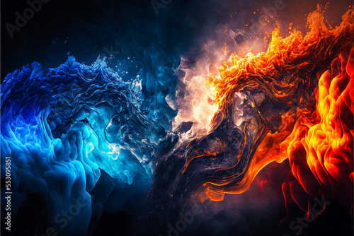 Abstract image of fire and ice meeting in violent beauty. Created with generative AI. 