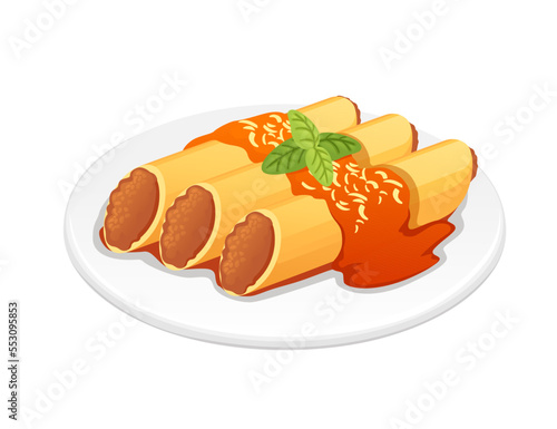 Ready for eat dish italian pasta cannelloni cuisine staples with meat herbs and sauce vector illustration on white background