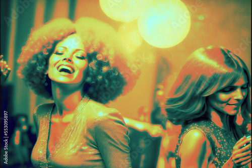 Pretty women retro style dancing at a vintage 1970 disco party. Created with generative AI.  photo