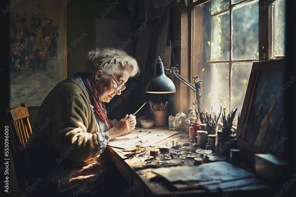Mature old woman artist creating a painting on canvas in studio with natural window light. Created with generative AI. 