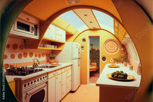 Vintage kitchen from the 1970 era with retro appliances and round features. Created with generative AI.  photo