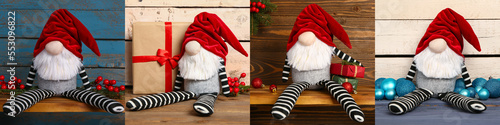 Collage of cute Christmas gnome with gifts and decorations on wooden background
