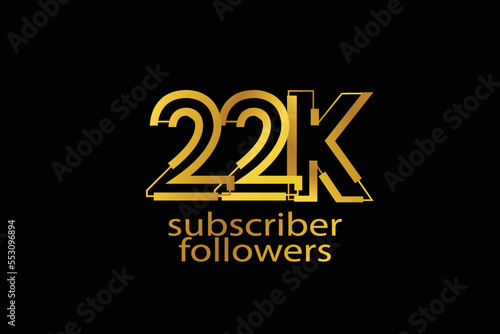 22K, 22.000 subscribers or followers blocks style with gold color on black background for social media and internet-vector