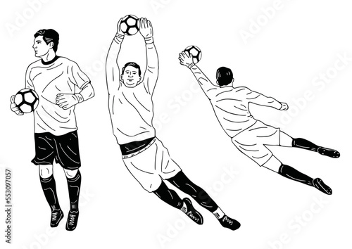 set , Soccer goalkeeper catches the ball. hand drawn art Flat Vector illustration