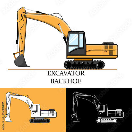 Yellow excavator. Isolated on white background. backhoe Construction machinery. Vector illustration.