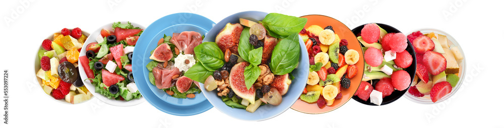 Set of fruit salads on plates against white background Set of fruit salads on plates against white background