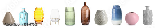 Collection of stylish vases on white background