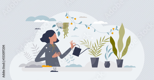 Planting indoors as female hobby with plant growing tiny person concept. Botany process with seeds cultivation and herb watering with fertilizer vector illustration. Sprouts in pot as home decoration.
