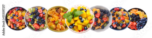 Collage of fruit salads in bowls on white background