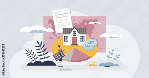 Council tax payment for as England local taxation system tiny person concept. Domestic property and real estate charge with government fee vector illustration. Personal money expenses for living.