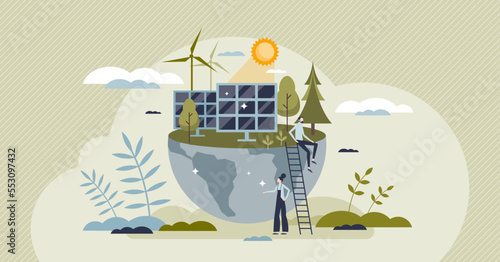 Solar farm as field with sun panel cells to collect energy tiny person concept. Sustainable, green and nature friendly photovoltaic solution for ecological electricity supply vector illustration.