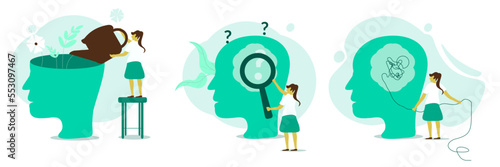  Mental health illustration set. learn self accepting and how to find herself. Psychotherapy concept. Woman character solve mental problems,  Vector illustration. 
