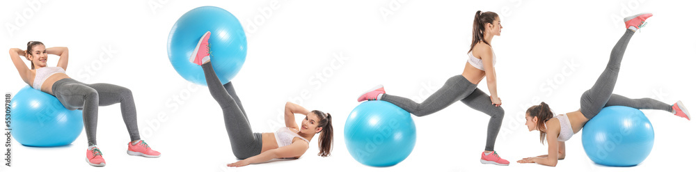 Set of sporty young woman with fitball doing pilates on white background Set of sporty young woman with fitball doing pilates on white background