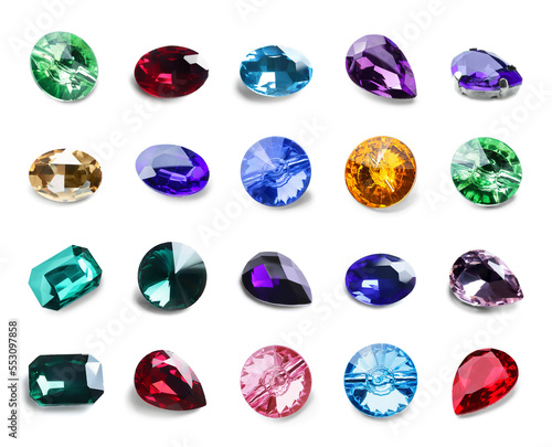 Set of colorful precious gemstones for jewellery isolated on white