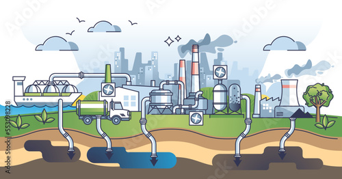Carbon capture process and CO2 gas underground storage outline diagram. Pumping dioxide polluted air in soil pipeline as green, sustainable and environmental friendly solution vector illustration.