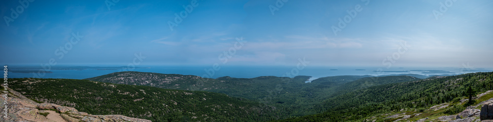 View into the Atlantic Ocean from Cadillac Mountain in Acadia National Park, Maine, USA. View into the Atlantic Ocean from Cadillac Mountain in Acadia National Park, Maine, USA.