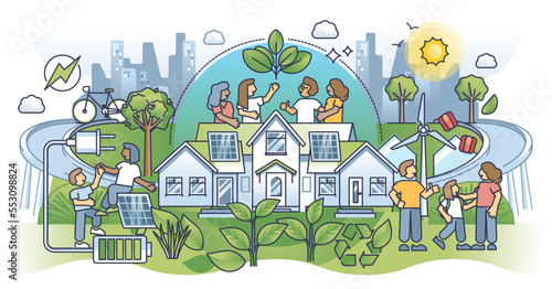 Sustainable ecosystem community and self sufficient living outline concept. Urban city with smart house residential area and green energy consumption as nature friendly solution vector illustration.