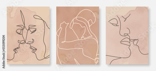 Couple Kiss Line Art Drawing Prints Set. Lovers Couple Simple Minimalist Illustration. Kissing Minimal Sketch Drawing. Love Concept Abstract Single Line for Home Decor, Wall Art. Vector EPS 10 