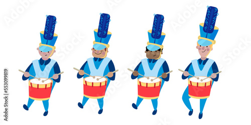 Cute drummers in festive uniforms at the parade. Holiday, carnival. Funny isolated character in cartoon style. Vector illustration.