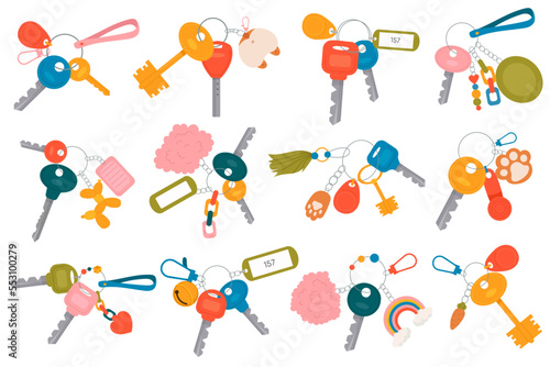 Keys with accessories flat icons set. Vector illustration