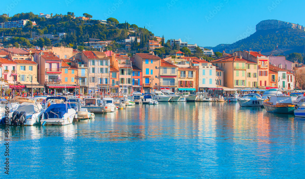 Colorful traditional houses on the promenade in the port of Cassis town, Provence