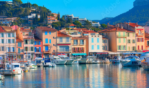 Colorful traditional houses on the promenade in the port of Cassis town, Provence