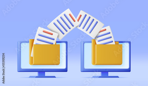 3D Business Folder Full of Papers on Computer. Render Yellow Folder for Correspondence, Concept of File Transfer, Document Migration, Remote Access to Encrypted Documents. Vector Illustration