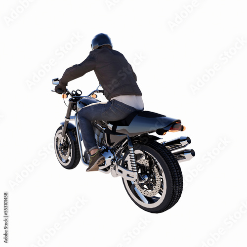 3D RENDERING OF A MAN RIDING MOTORCYCLE ISOLATED ON WHITE PLAIN BACKGROUND