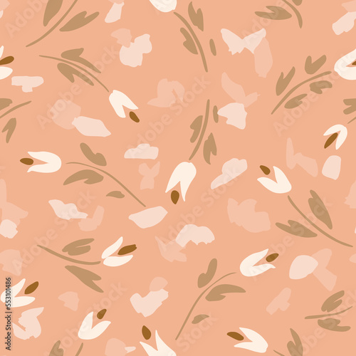  Painted fragments put together to form a beautiful garden in subtle palette of off white, pink and light green over peach background. Great for home decor, fabric, wallpaper, gift wrap, stationery.