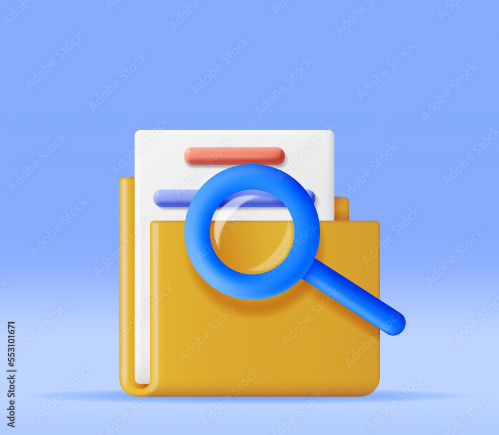 3D Document Folder with Magnifying Glass. Render Analysis of Folder with Loupe. Focus Research and Online Data Monitoring. Discovery, Analysis, Research, Investigation, Search. Vector Illustration 3D Document Folder with Magnifying Glass. Render Analysis of Folder with Loupe. Focus Research and Online Data Monitoring. Discovery, Analysis, Research, Investigation, Search. Vector Illustration