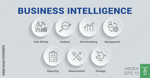 Business Intelligence banner web icon for business plan, data mining, analysis, Strategy, measurement, benchmarking, report and management. Minimal vector infographic. EPS 10.