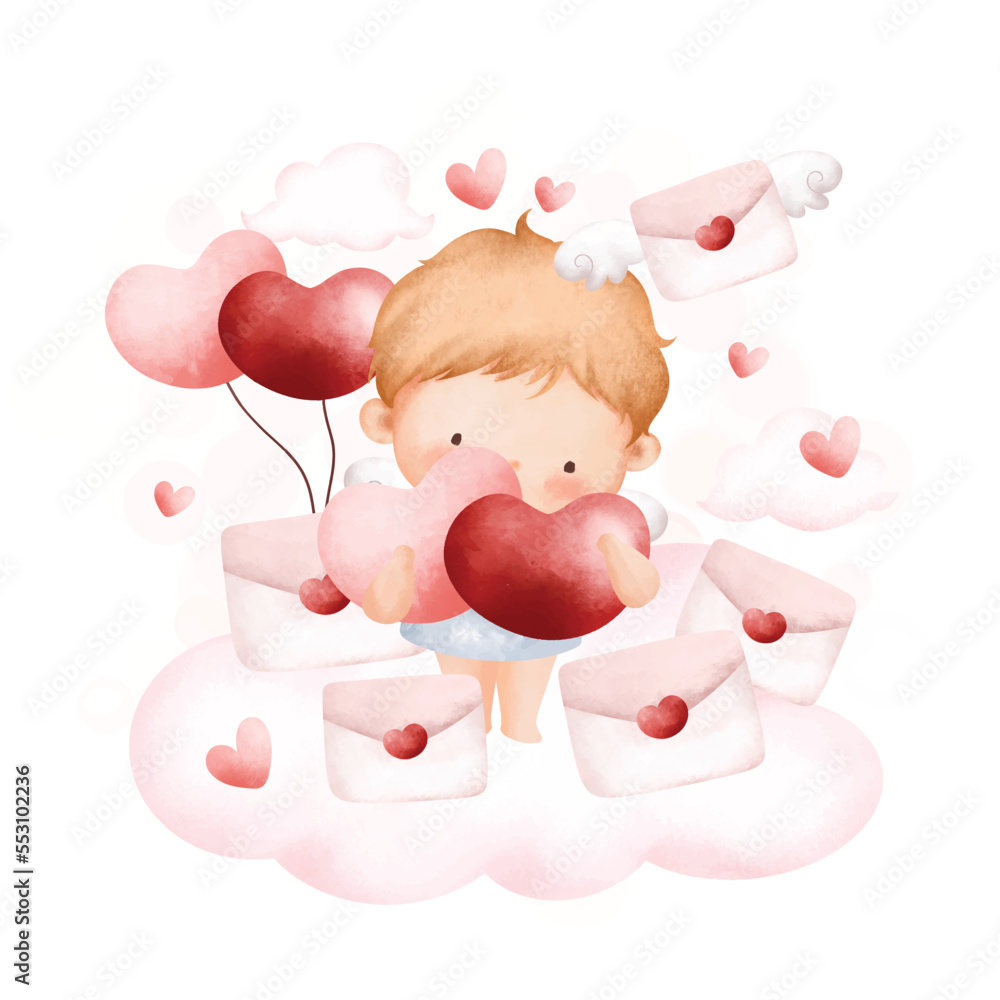 Naklejka premium Watercolor Illustration Cute valentine cupid