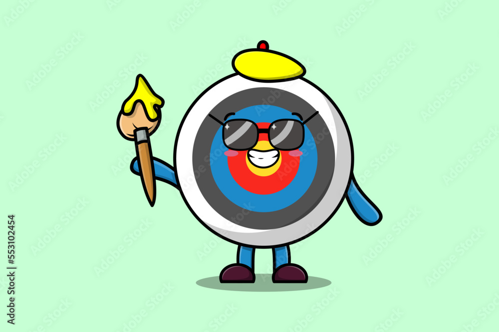 Obraz premium Cute cartoon character Archery target painter portraitist with hat and brush to draw in cute design