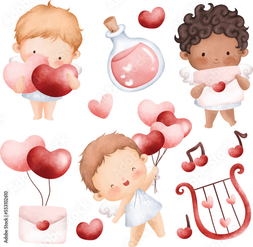 Watercolor illustration set of cute cupid and love elements3