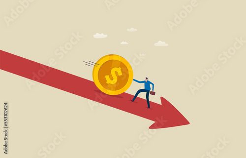 Financial crisis, investment. Debt, loan payment. Businessmen or investors try to keep the coin from falling along the graph. Illustration