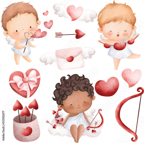 Watercolor illustration set of cute cupid and love elements3