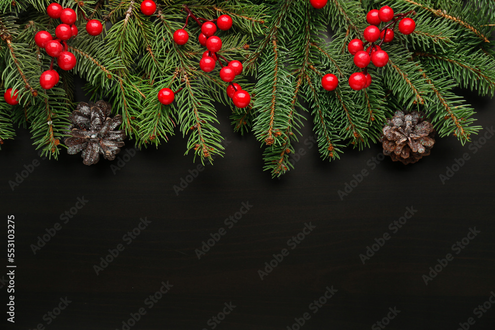 Christmas branches with cranberry and fir cones on black background Christmas branches with cranberry and fir cones on black background