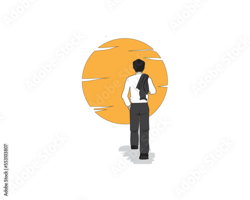 graphic design vector illustration of a man in black and white shirt who just got home from work is walking home hanging a coat over his shoulder he is walking towards the sunset