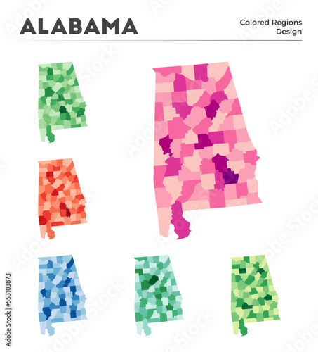 Alabama map collection. Borders of Alabama for your infographic. Colored US state regions. Vector illustration.